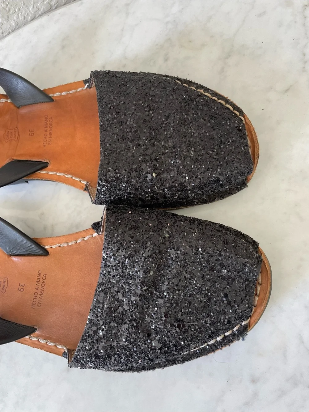 Mibo Avarcas Women's Classics Glitter Black Leather Slingback Sandals Size 39
